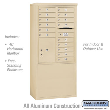 11 Door High Free-Standing 4C Horizontal Mailbox with 15 Doors and 1 Parcel Locker in Sandstone with USPS Access